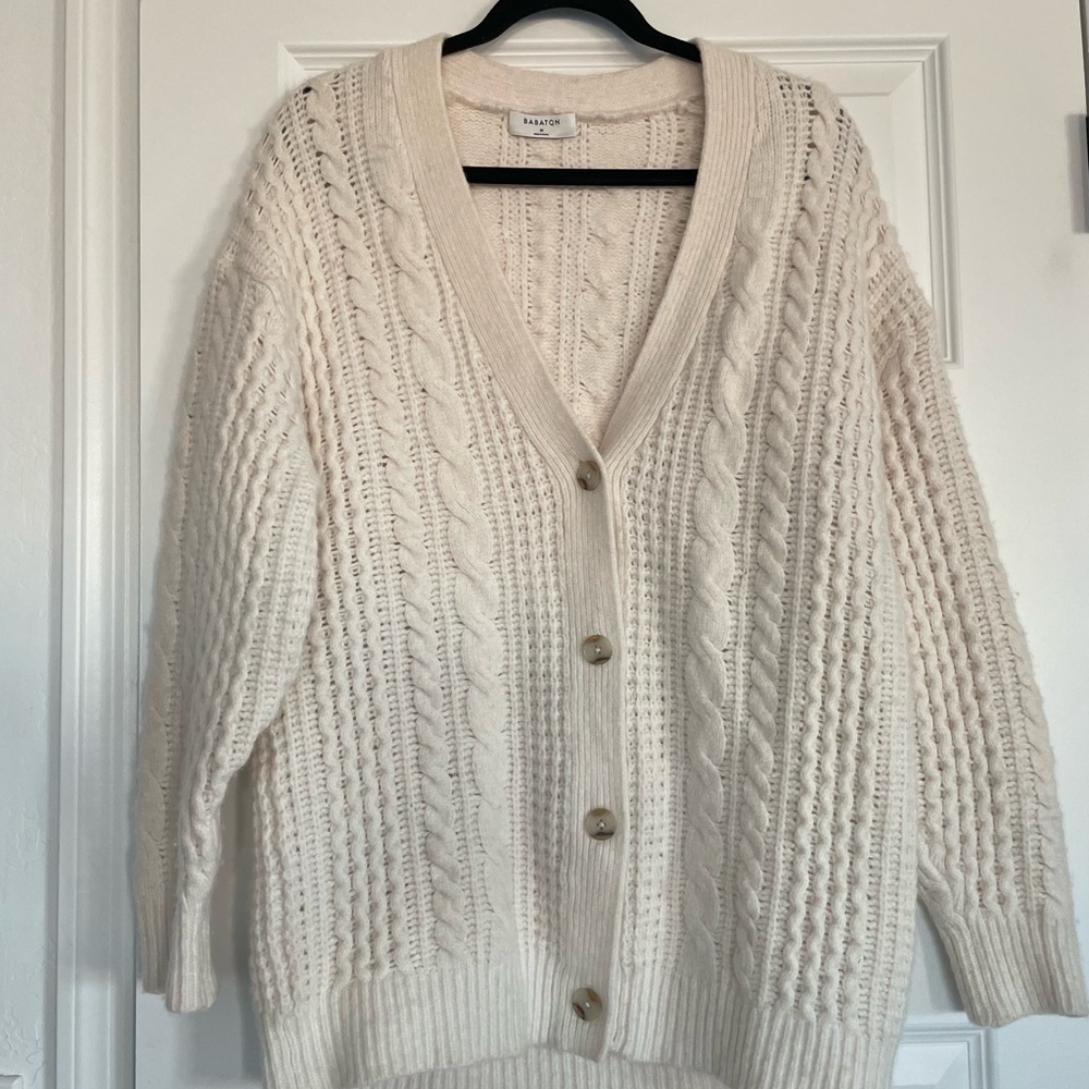 Aritzia Babaton Cream Cable Knit Wool Blend Cardigan